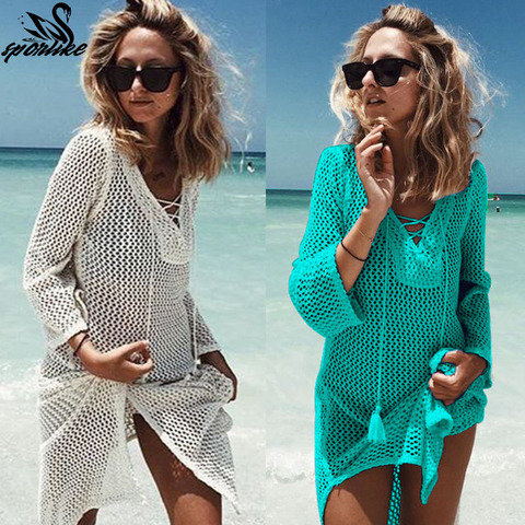 2022 New Beach Cover Up Bikini Crochet Knitted Tassel Tie Beachwear Summer Swimsuit Cover Up Sexy See-through Beach Dress ► Photo 1/6