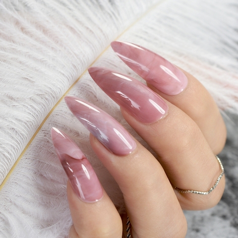 Extra Long STILETTO False Nails Pre-designed Curved Pink Marble Press On Nails including glue sticker ► Photo 1/6