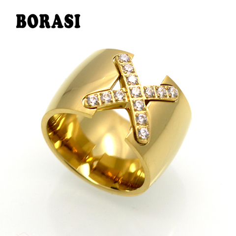New Arrival Gold Color Ring Bijoux 14mm Width Big Pave Setting CZ Cross X Ring For Women Trendy Crystal Jewelry Wholesale Gift ► Photo 1/4