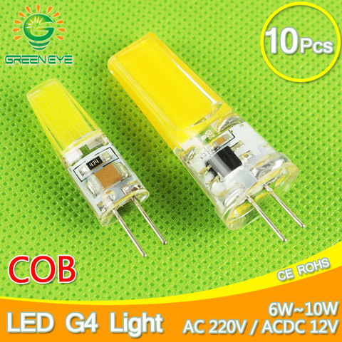 10pcs Dimmable COB G4 Bulb LED 6W 10W AC 220V ACDC 12V LED Lamp