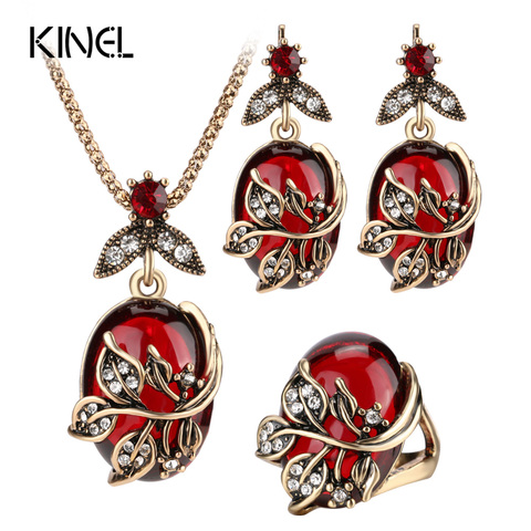 Kinel 3Pcs Red Oval Crystal Flower Jewelry Sets  Antique Gold Vintage Ring Earring Pendant Necklace Wedding Jewelry For Women ► Photo 1/6