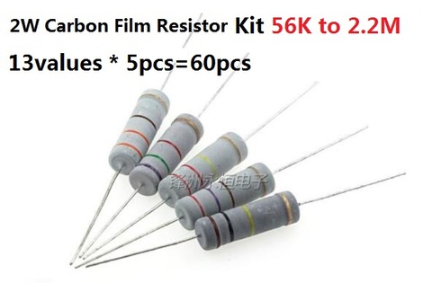 13values * 5pcs=60pcs 56K-2.2M 2W 5% carbon film resistor kit pack Assorted set 82K 100K 150K 220K 270K 330K 470K OHM Assortment ► Photo 1/1