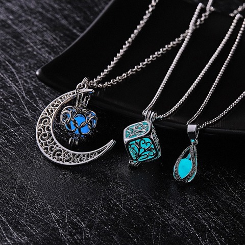 Glow In The Dark Necklace Moon Square Heart Necklaces For Woman Hollow Water Drop Pendant Night Fluorescence Light Accessories ► Photo 1/6