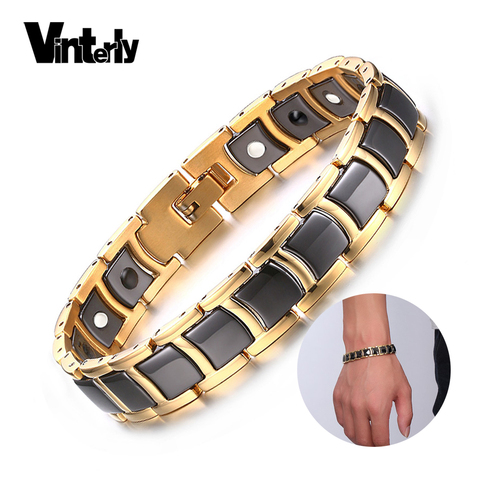 Vinterly Steel Magnetic Bracelet Male Black Ceramic Energy Germanium Bracelets Men Hand Chain Gold Color Hologram Bracelets 2022 ► Photo 1/6