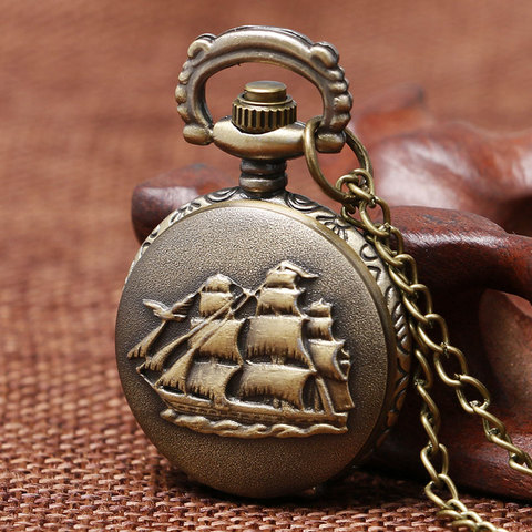 Vintage Bronze Retro Bronze 3D Sailboat Design Small Size Quartz Pocket Watch With Sweater Necklace Chain Free Shipping To Women ► Photo 1/5