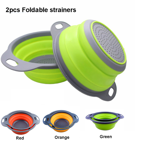 2 Pieces Collapsible Colanders Set Silicone Kitchen Fruit Vegetable round Baskets Folding Strainers Kitchen Accessories ► Photo 1/6