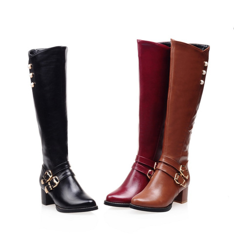 NEW Winter Women Shoes Long Knee-High Boots Round Toe Big Size Med Square Heels Zipper Buckle Short Plush Warm Inside Fashion ► Photo 1/6
