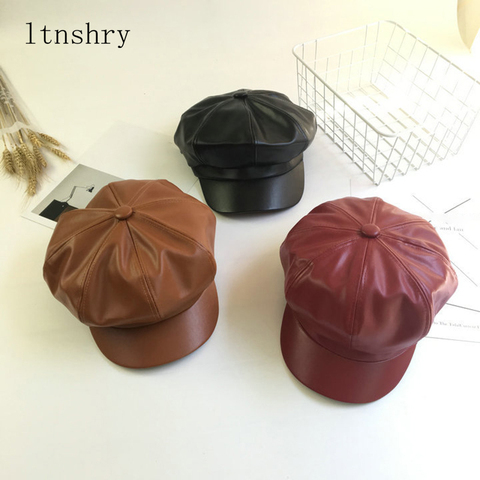 2022 leather Vintage Fashion Berets Painter hat Autumn Winter Caps  Male Female Casual Solid Color PU Leather Octagonal Cap ► Photo 1/6
