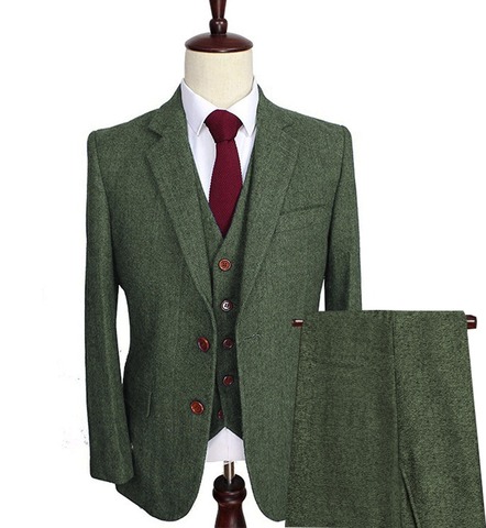 Men's Wool Tweed Suits 3 Pieces Formal Lapel Notch Herringbone Tuxedos Blazer Slim Fit Winter Wedding Groom (Blazer+Vest+Pants) ► Photo 1/5