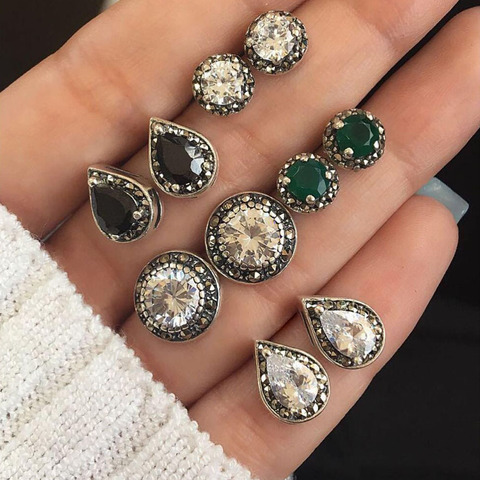 5 Pairs/Set Water Drop Green White Crystal Stud Earrings for Women Boho Boucle D'oreille Jewelry Dazzling Cubic Zirconia Brincos ► Photo 1/6