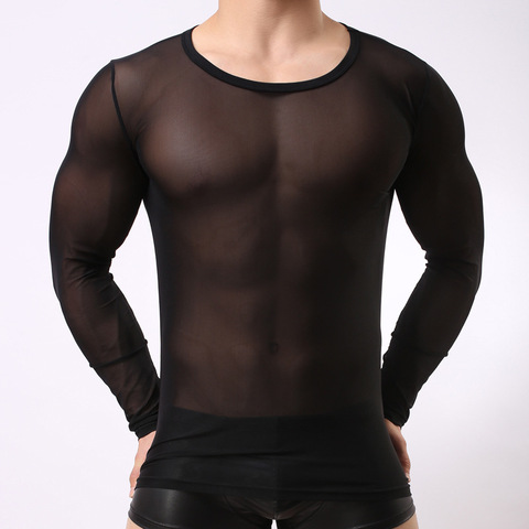 Sexy Men 's Transparent Mesh Long Sleeve Tops Gay Night Club clothing Gauze Tights T Shirts Black White See Through Undershirt ► Photo 1/6