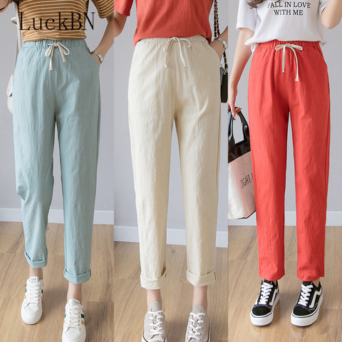 Women Casual Harajuku Long Ankle Length Trousers 2022 Summer Autumn Plus Size Solid Elastic Waist Cotton Linen Pants Black Pants ► Photo 1/6