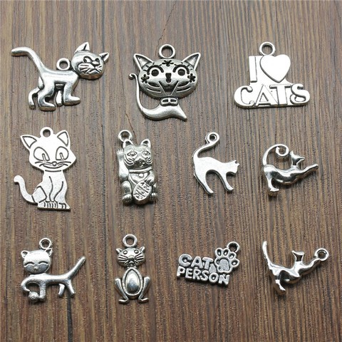 15pcs/lot Charms Cat Antique Silver Color Cute Cat Pendant Charms Kawaii Cat Charms For Jewelry Making ► Photo 1/2