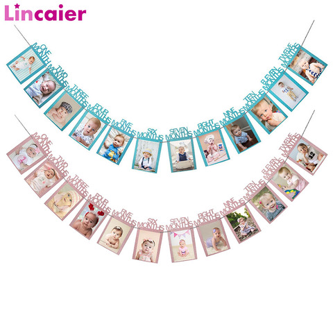 12 Months Photo Frame Banner 1st Happy Birthday Party Decorations First Baby Boy Girl My 1 One Year Supplies Blue Pink Silver ► Photo 1/6