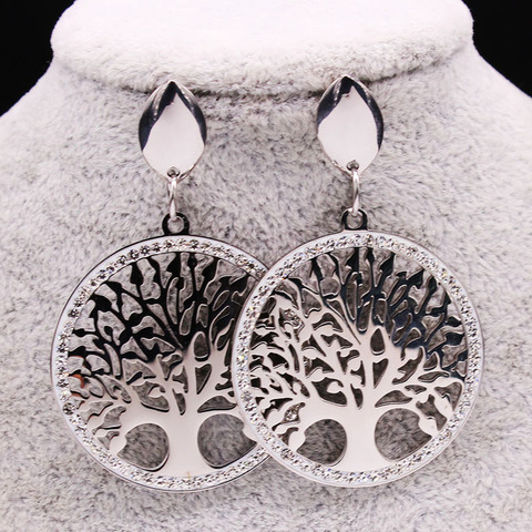 2022 Tree of Life Stainless Steel Crystal Stud Earrings Women Big Silver Color Earrings Jewelry pendientes cristal  E612736 ► Photo 1/6