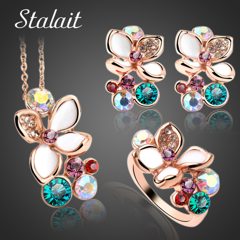 Fashion Multi Color Flower Crystal Rhinestone Gold Color Pendant Necklace/Earring/Ring Bridal Jewelry Set For Women Wedding ► Photo 1/6