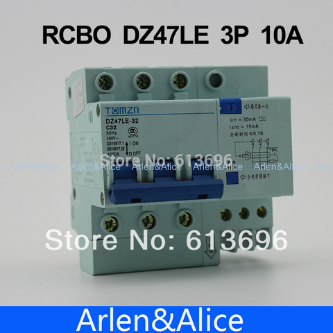 3P 10A DZ47LE TOMZN 400V~ Residual current Circuit breaker with over current and Leakage protection RCBO ► Photo 1/1