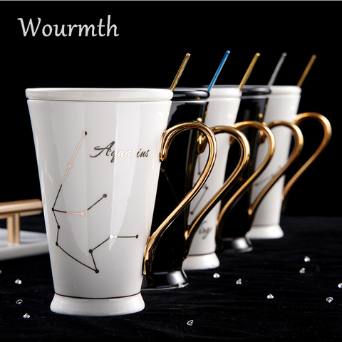 Wourmth 12 Constellations mugs White And Gold Bone China Porcelain Coffee Milk Mug With Stainless Steel Spoon Zodiac ceramic cup ► Photo 1/6