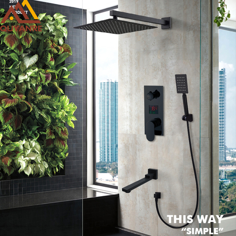 Matte Black LED Digital Display Shower Faucet Set Rain Waterfall Black Bathtub Shower System LCD Digital Shower Bath Mixer Tap ► Photo 1/6