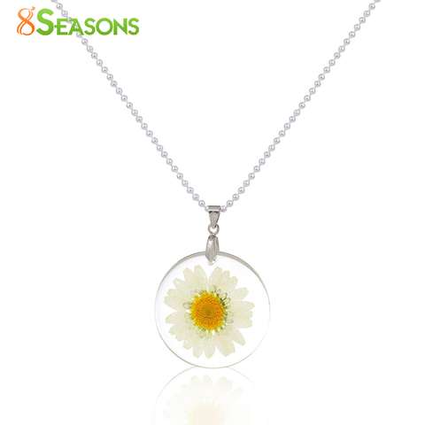 8SEASONS 2022 Handmade Boho Transparent Resin Dried Flower Daisy Necklace Ball Chain Silver Color White Round 45cm long, 1 Piece ► Photo 1/6