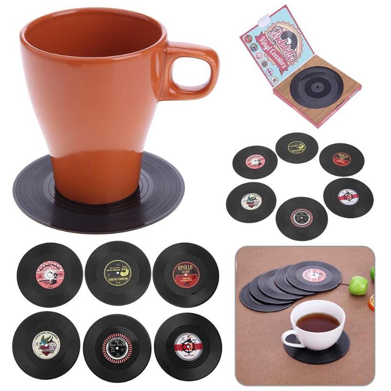 6 Pack Cup Pad Mat Holder Drink Coaster with Holder Vinyl CD Record Home Decor 