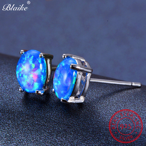 Blaike 100% Genuine 925 Sterling Silver Oval Blue Fire Opal Stud Earrings For Women Fine Jewelry Fashion Birthstone Earring Gift ► Photo 1/4