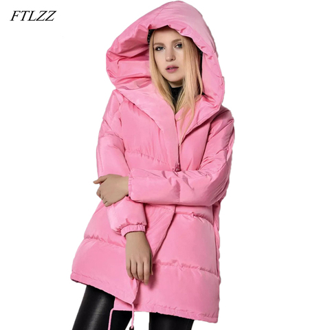 FTLZZ Winter Women Jackets 90% White Duck Down Parkas Loose Plus Size Hooded Coats Medium Long Warm Casual Pink Snow Outwear ► Photo 1/6