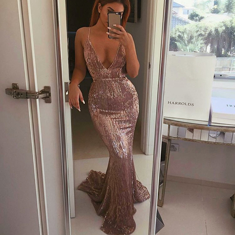 Sexy Open Back Sequined Maxi Dress Floor Length Dress Sleeveless Strapless Deep V Neck Mermaid Party Dress Champagne Gold Silver ► Photo 1/6