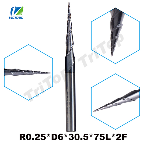 2pcs/Lot R0.25*D6*30.5*75L*2F HRC55 Tungsten Solid Carbide Coated Tapered Taper Ball Nose End Mill Cone Type CNC Milling Cutter ► Photo 1/6