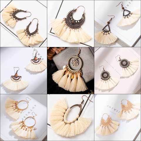 Bohemian Tassel earrings for women Long Creamy White Fringe Statement Geometric Dangle Earrings fashion trendy vintage jewelry ► Photo 1/6
