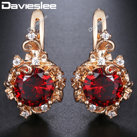 Davieslee Stud Earrings For Women Round Red CZ Rhinestones 585 Rose Gold Filled Womens Earring Fashion Jewelry Girls Gift DGE147 ► Photo 1/4