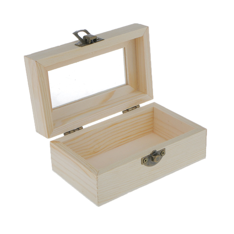 Plain Unfinished Wooden Tool Jewelry Case Storage Box with Transparent Glass Door Glass Lid Chest Case Keepsake Gift ► Photo 1/6
