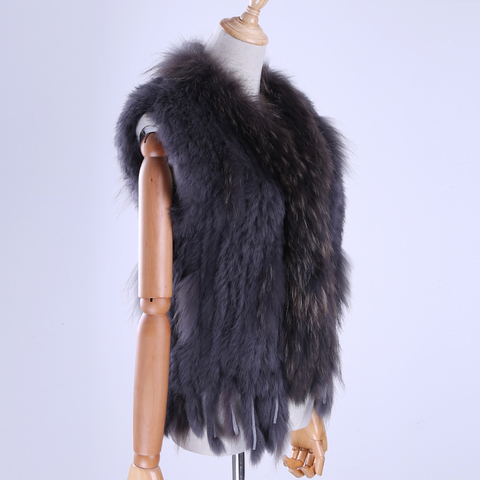 Brand New Women's Lady Genuine Real Knitted Rabbit Fur Vests tassels Raccoon Fur Trimming Collar Waistcoat Fur Sleeveless Gilet ► Photo 1/6