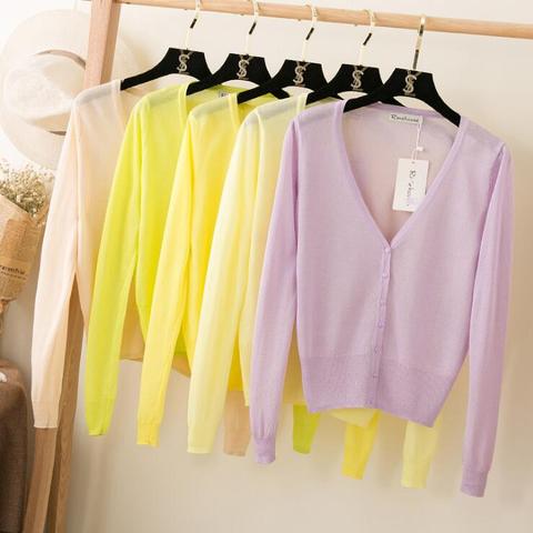 Queechalle 20 Colors Short Cardigan Coat Summer Spring Women's V Neck Ice Silk Thin Coats Pink White Black Yellow Green Red Blue ► Photo 1/6