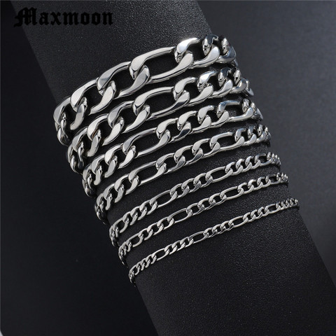 Maxmoon Bracelets For Men Women 3/5/7/9/11mm Silver Color Stainless Steel Curb Cuban Link Chain Bracelets Party Jewelry Gift ► Photo 1/5