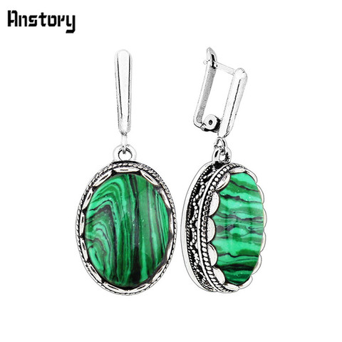 Flower Oval Malachite Dangle Earrings Vintage Look Antique Silver Plated Fashion Jewelry TE110 ► Photo 1/5