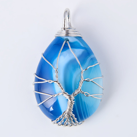 Silver Plated Wire Wrap Opal Blue Agates Stone Tree of Life Water Drop Necklace Pendant For Christmas Gift Women Reiki Jewelry ► Photo 1/6