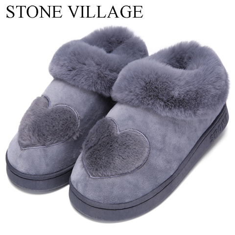 Cotton Women Slippers New Arrival Heart-Shaped  Warm Plush Winter Fur Slippers Soft Indoor Shoes Flat With Home Slippers ► Photo 1/6