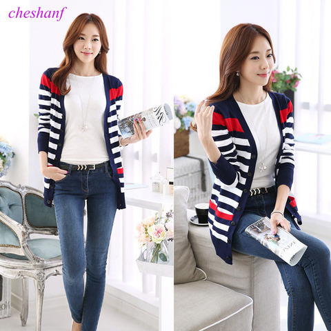 2022 New Fashion Women Spring Autumn Slim Sweater Cardigan V-Neck Medium-Long Stripe Cardigan Women Knitted Outerwear Female ► Photo 1/6