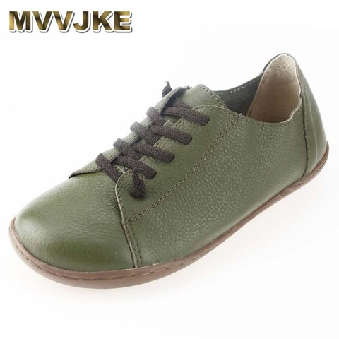 MVVJKE Women Shoes Flat 100% Authentic Leather Plain toe Lace up Ladies Shoes Flats Woman Moccasins Female Footwear ► Photo 1/6