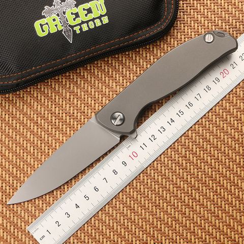 Green thorn fin 95 D2 steel blade exposed titanium handle outdoor camping hunting pocket practical fruit folding knife EDC tool ► Photo 1/6