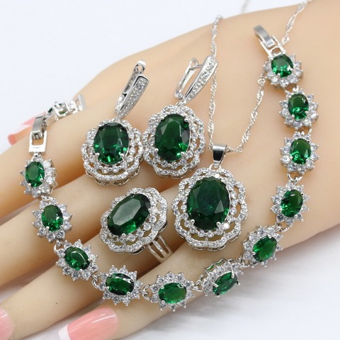 Green Crystal Silver Color Bridal Jewelry Sets For Women Necklace Pendant Bracelets Earrings Rings Gift Box ► Photo 1/6