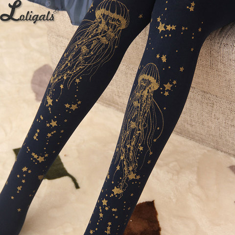 Sweet Jellyfish Printed Lolita Pantyhose Mori Girl Blue / Black Patterned Tights ► Photo 1/6