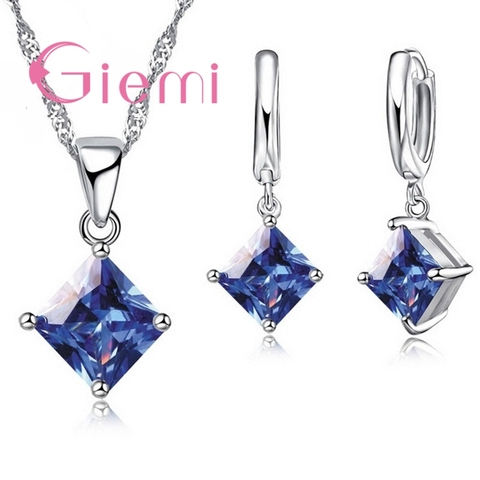 925 Sterling Silver Pendant Earrings Jewelry Sets 8 Colors Women Beautiful Necklace Set Lover Gift Square Crystal Bijoux ► Photo 1/6