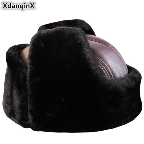XdanqinX New Extra Thick Warm Winter Men's Genuine Leather Hat Bomber Hats Plus Velvet Cowhide Fur Earmuffs Cap For Dad Old Men ► Photo 1/6