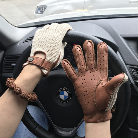 Mens Buckskin Leather Gloves Back Knitted Gloves Deerskin NEW Unlined Non-Slip Motorcycle Driving Gloves Male Leather Mittens ► Photo 1/6