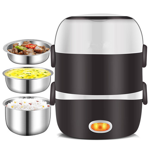220V Mini Electric Rice Cooker 2/3 Layers Available Steamer Stainless Steel Inner Portable Meal Thermal Heating Lunch Box ► Photo 1/5