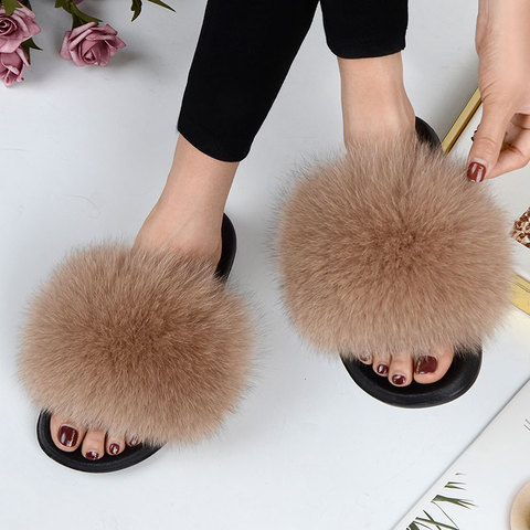 Women Summer Casual Fur Slippers Flat Non-slip Solid Real Fox hair Slides Large Size Slippers Free Shipping ► Photo 1/6