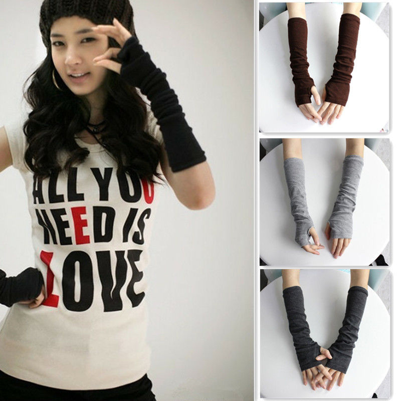 Ladies Solid Fingerless Knit Mitten Women Long Gloves Winter Arm Warmer 