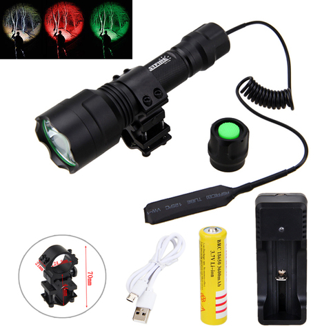 Tactical 2500lm T6 White Q5 Green/Red Light Flashlight Hunting Light Torch+Scope Mount +Pressure Switch+18650 Battery+Charger ► Photo 1/6
